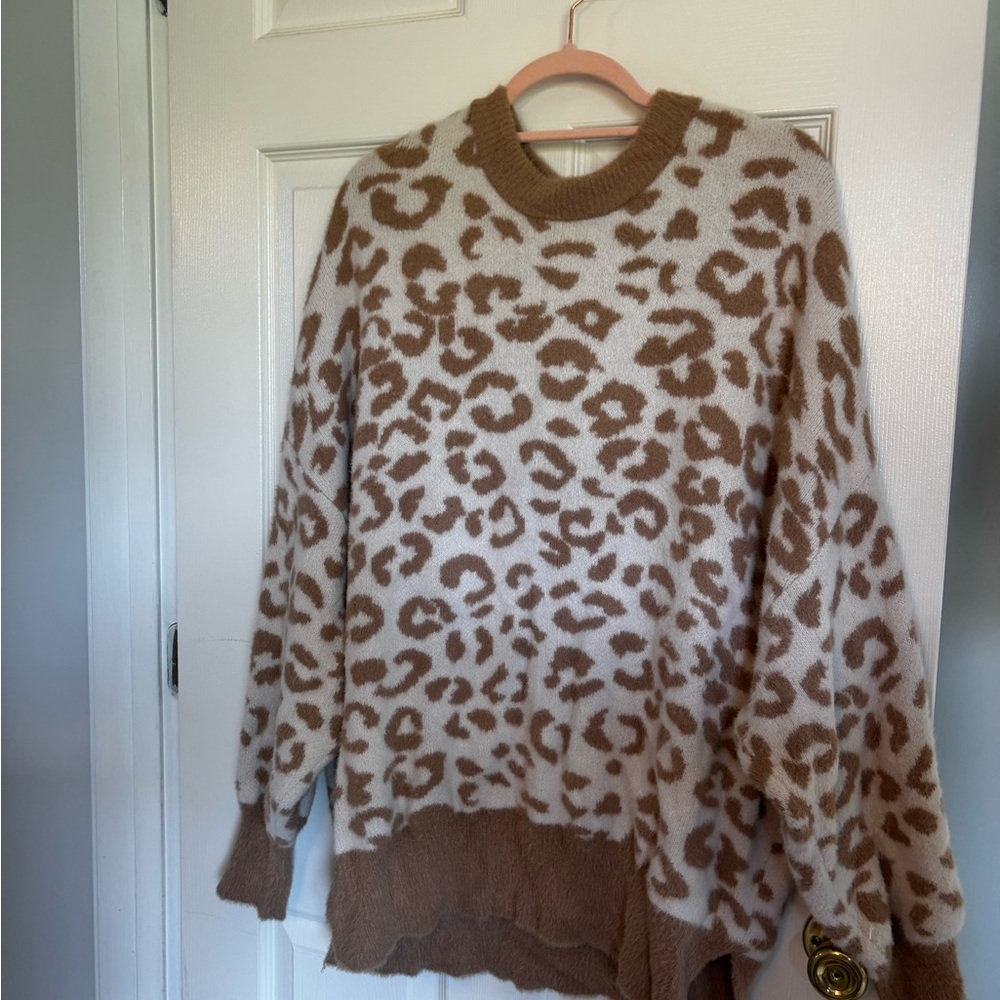 Aerie Brown and Cream Crew Neck Sweater with Leopard Print